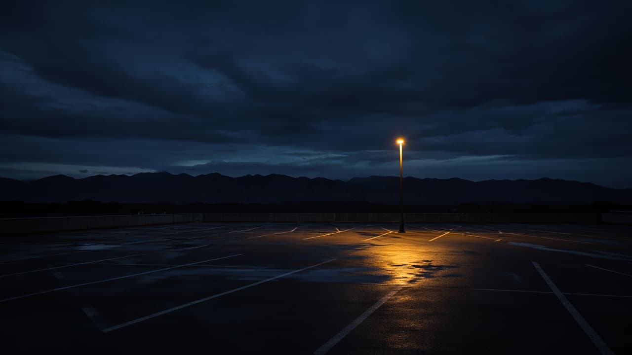 An empty parking lot at dusk under a single lit lamp, mountains on the horizon