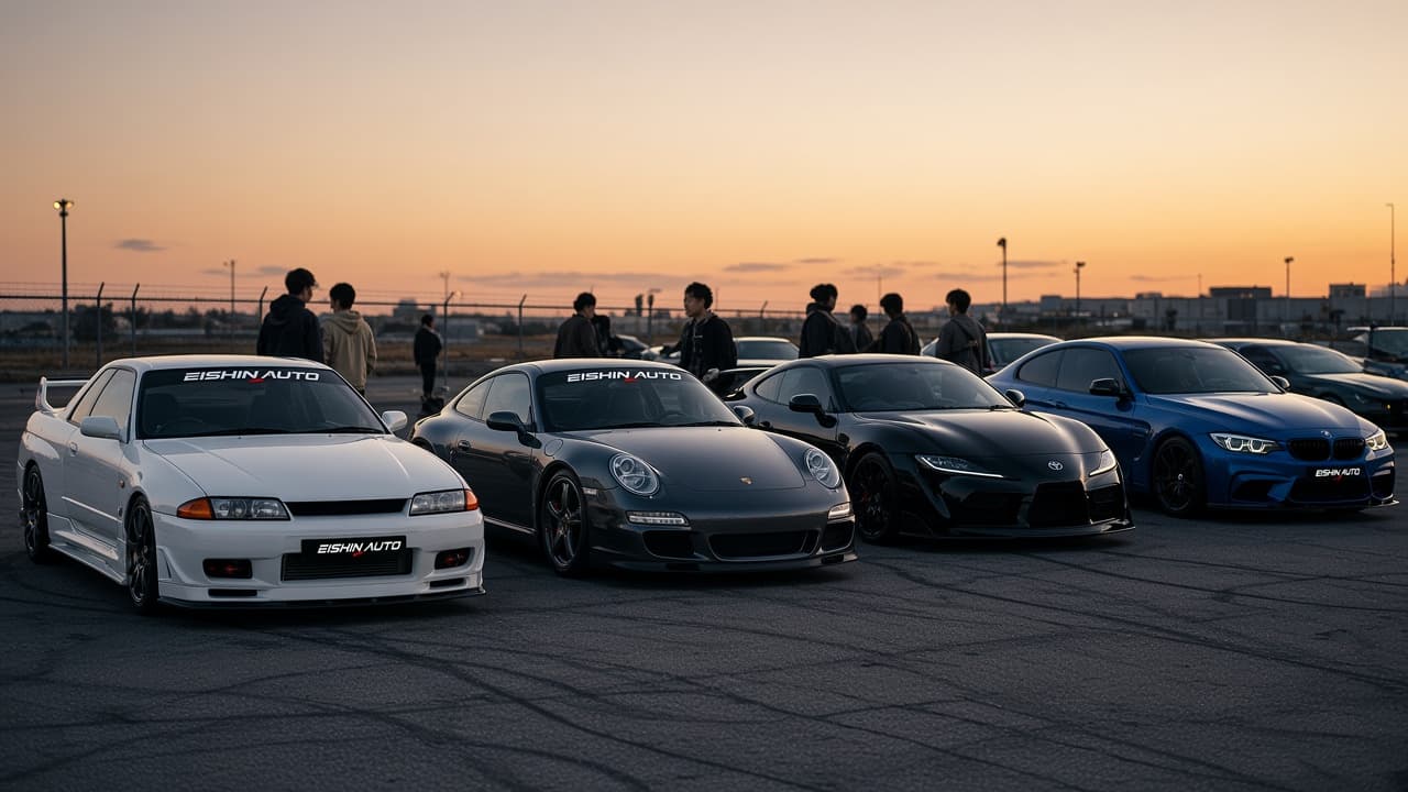Enthusiast cars parked in a row in an open lot at dusk, owners standing and talking behind them